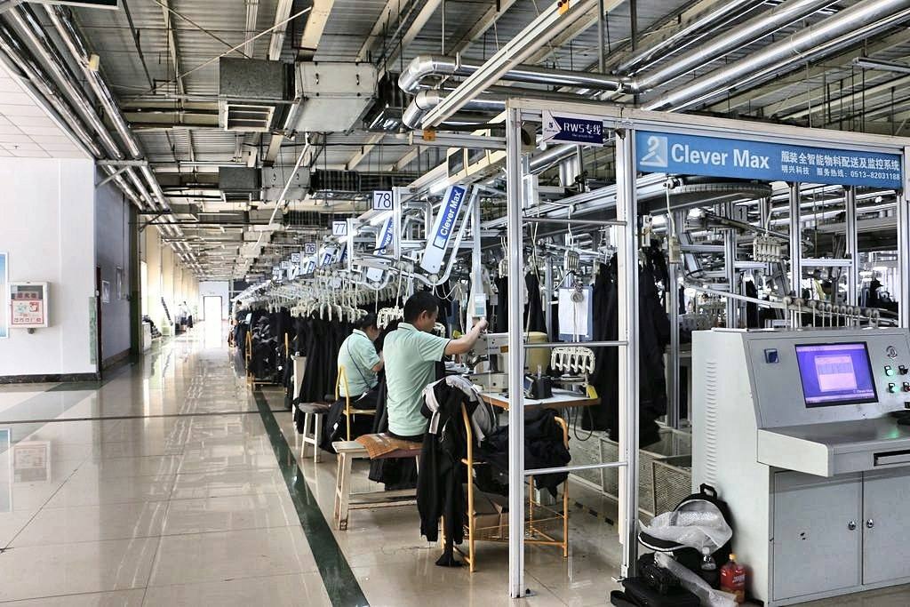 CleverMax hanger system on an outerwear and suit production line